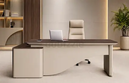 Modern L-Shaped Executive Office Desk with Side Cabinet – Wooden Manager Table for Offices