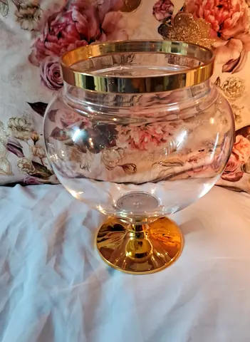 Glass Decorative Bowl with Brass-Colored Pedestal Base