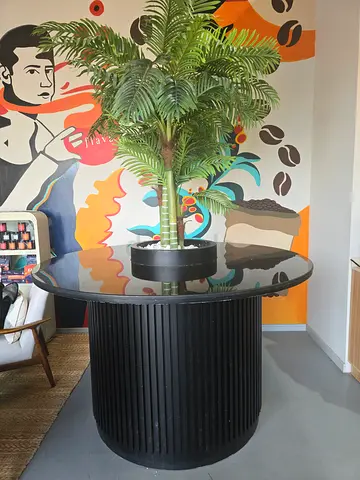 Round marble Glass Top Coffee Table with Black Ribbed Base