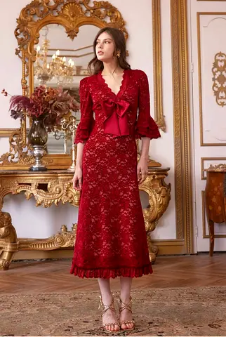 Lace Midi Dress in Berry Red