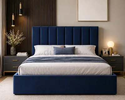 Queen Size Upholstered Bed Frame with Padded Headboard - Navy Blue