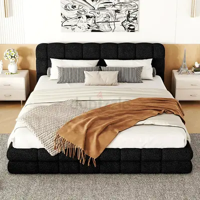 Queen-sized upholstered platform bed with tufted headboard - black