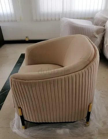Beige Velvet Barrel Accent Chair with Gold Legs- Brandnew