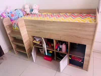 Wooden Kids Loft Bed with Built-in Storage and Ladder - Good Condition with mattress (almost new )