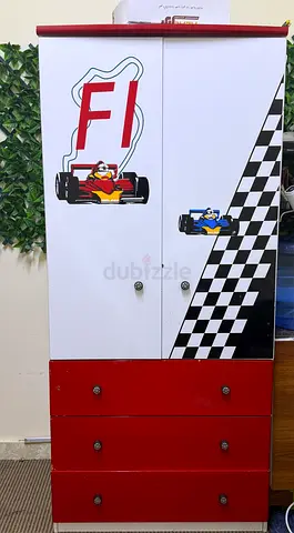 Childrens Formula 1 Themed Wardrobe with 2 singlekids beds