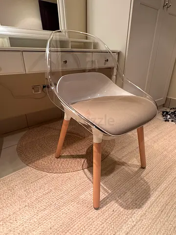 Transparent Acrylic Dining Chair with Beige Cushion and Wooden Legs - Ikea Baltsar