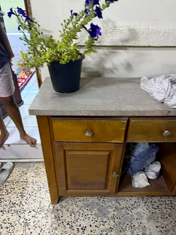 Solid wood  marble cabinet with drawer and cupboard - good condition