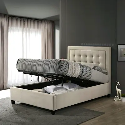 Upholstered Hydraulic Storage Bed with Lift-Up  Mechanism - King/Queen (Beige)