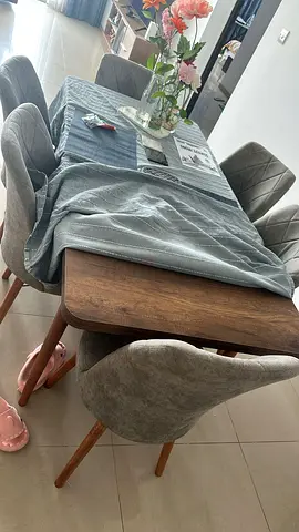 Dining Table with 6 Grey Upholstered Chairs