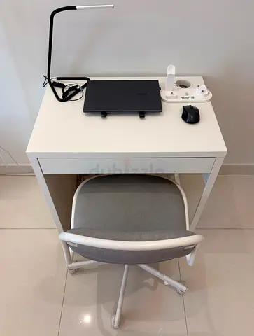 Compact White Study Desk with Grey Swivel Chair - Good Condition
