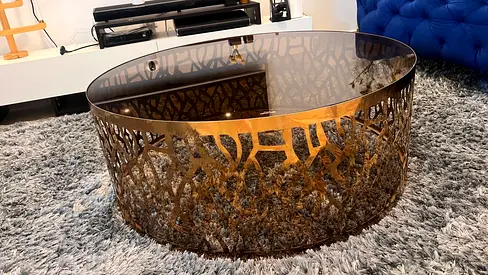 Designer Bronze Round Coffee Table with Toughened Glass Top  Metal Textured Base