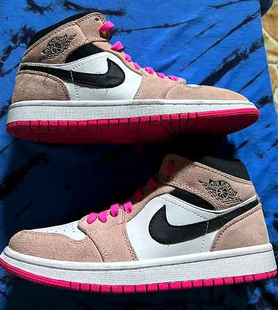 Nike Air Jordan 1 Mid - Beige Suede with Pink Accents, Size Not Specified