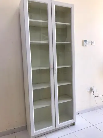 Tall White Glass-Front Display Cabinet with Shelves