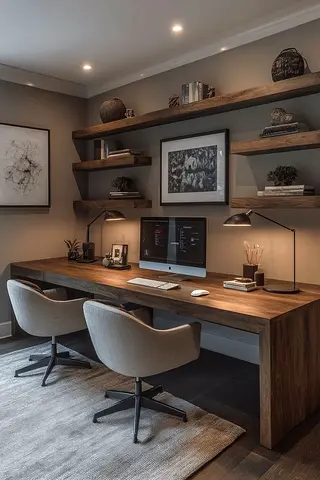 Solid Wood Double Study Desk with Wall Shelves