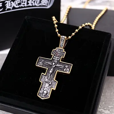Gold-tone Orthodox Cross Pendant on Bead Chain — Mens Religious Necklace