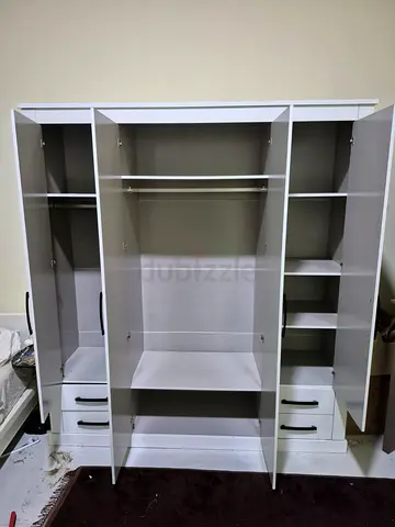 White 3-Door Wardrobe with Shelves and Drawers - Good Condition