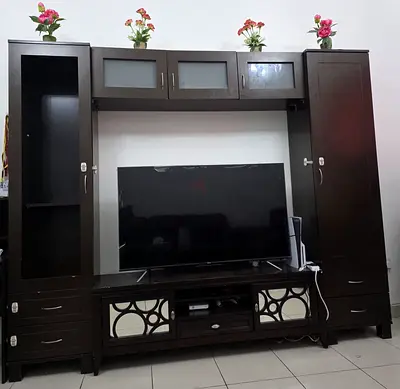 Dark Wood Entertainment Tall Side Cabinets and Overhead Storage w/o TV and table