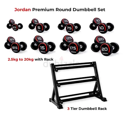 Jordan Fitness Round Dumbbell Set 2.5 Kg to 20 Kg (8 Pairs) with 3 Tier Rack
