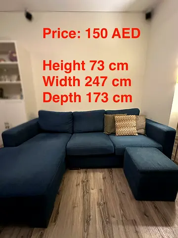 Blue L-shaped Sofa with Ottoman - 3-seater Corner Sofa (73cm H, 247cm W, 173cm D) - AED 150