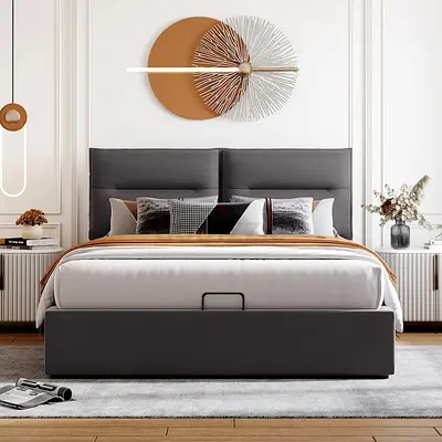 Modern Upholstered Double Bed with Hydraulic Storage - Grey