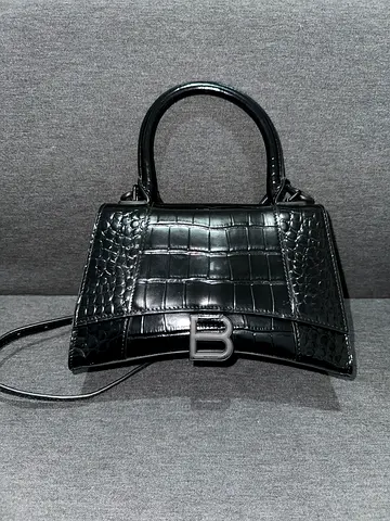 Balenciaga Black XXS Croc Embossed Leather Hourglass Top Handle Bag