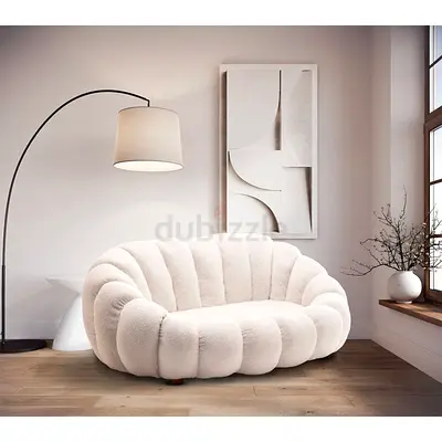 Plush Curved 2-Seater Sofa in Cream Bouclé