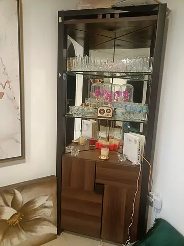 Wooden Display Cabinet with Glass Shelves and Mirror Back