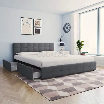 Gray Upholstered Drawers Storage Bed with Headboard and - Queen/King