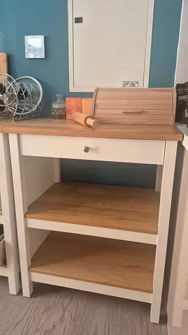 White and Oak Console Table with Drawer and Shelves
