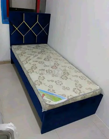 Single Bed with Headboard and Mattress - Blue Upholstered