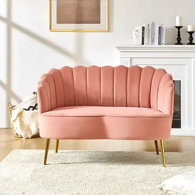 Pink Velvet Shell-Back Loveseat Sofa with Gold Legs