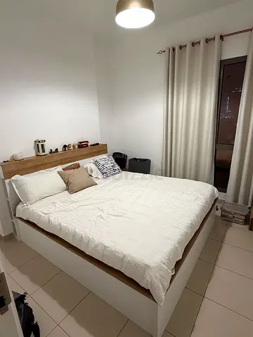 Queen wooden platform bed with headboard - clean condition