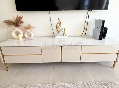 Modern White Marble-Top TV Console Cabinet with Gold Accents