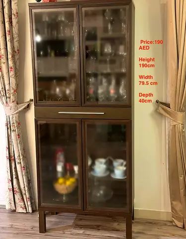 Dark Wood Glass-Front Display Cabinet / Cupboard with interior lights.