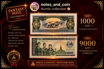 Fantasy/Souvenir Banknote Set — 1000  9000 Kip Themed Collectible Notes