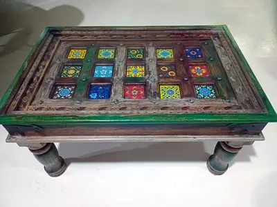 Handcrafted Vintage Wooden Coffee Table with Colorful Ceramic Inlay Tiles
