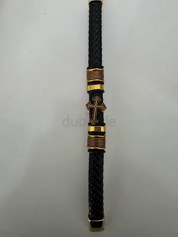 Black Braided Leather Bracelet with Gold Cross Detail