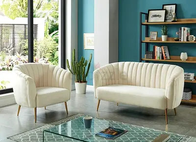 Cream Velvet 2-Seater Sofa and Armchair Set — Modern Channel-Tufted