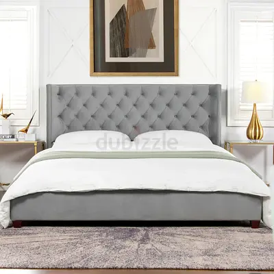 Grey Tufted Fabric King Bed with Headboard