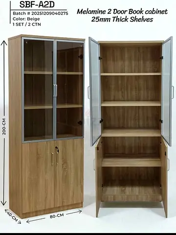 Melamine 2-Door Book Cabinet – 200cm Height, Beige Wood Finish