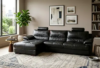 Black Leather L-Shaped Sofa with Chaise