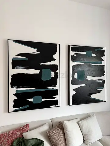 Pair of Abstract Black  Teal Canvas Paintings (Framed) from 2XL