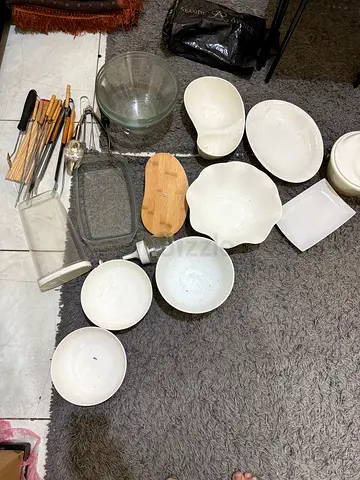 Assorted white ceramic bowls, plates and glass jars - mixed kitchen lot