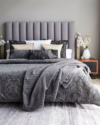 Grey Upholstered Headboard Bed with Matching Bedding Set