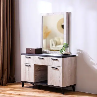 Wooden Dressing Table with Mirror and Storage - Light Oak