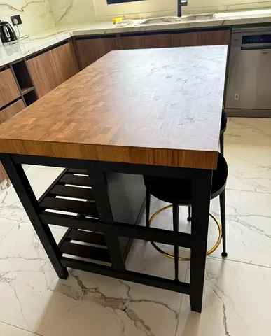 Solid Wood Kitchen Island with Storage Shelves and Black Frame