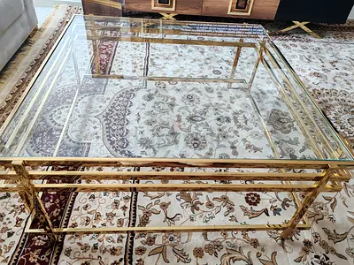 Glass Top Gold Metal Coffee Table - Square, Modern