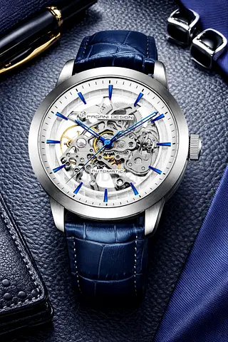 Automatic Skeleton Watch with Blue Leather Strap Pagani Design Original