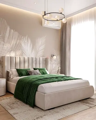 Modern upholstered beige bed frame with headboard – King/Queen