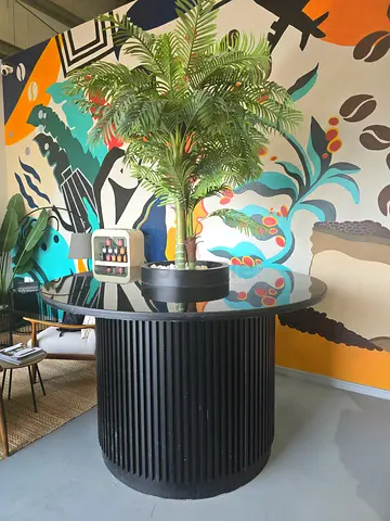 Round marble Glass Top Coffee Table with Black Ribbed Base